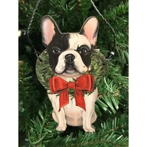 French Bull Dog with Christmas Wreath Black & White Christmas Tree Ornament